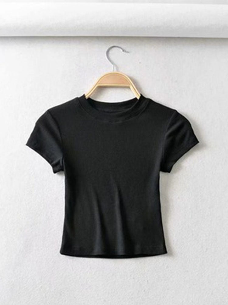 Women's Skinny Fit Crop Tops, Summer Sexy Short Sleeve O-Neck Elastic T-Shirt for Women