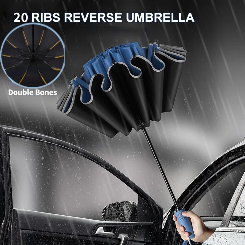 Men & Women Fully Automatic Reverse Folding Umbrella – Windproof with Reflective Stripe & UV Protection
