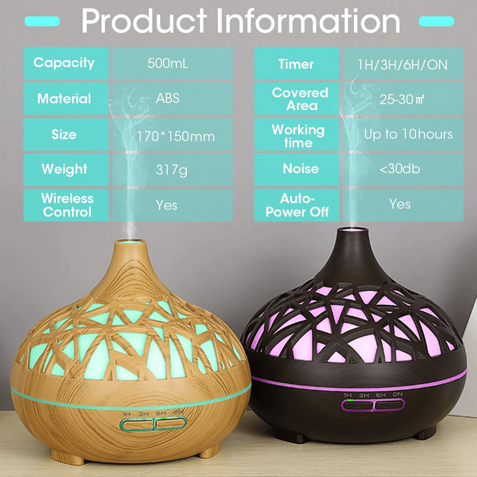 AuraMist Ultrasonic Aroma Diffuser – Wood Grain Cool Mist Humidifier with Remote & 7-Color LED