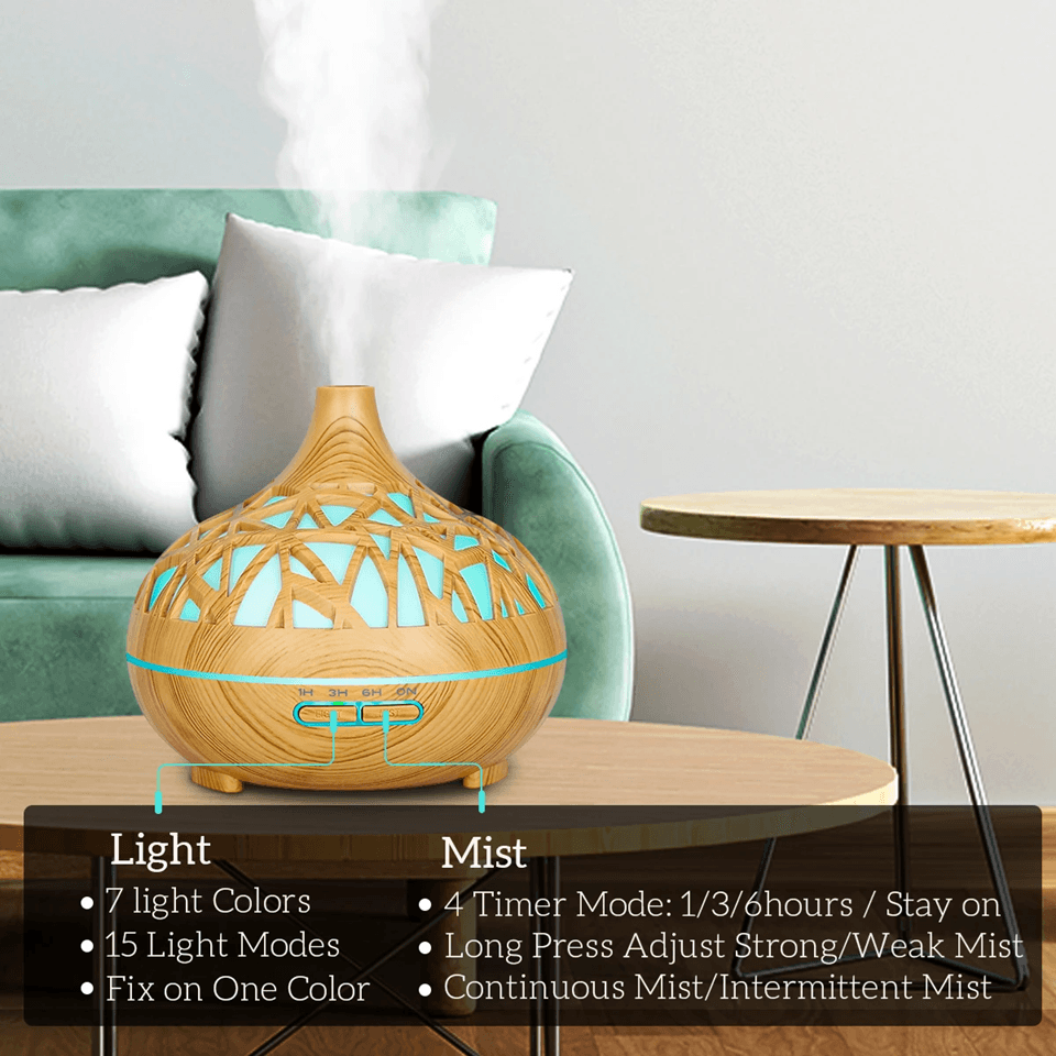 AuraMist Ultrasonic Aroma Diffuser  Wood Grain Cool Mist Humidifier With Remote  7Color LED 1