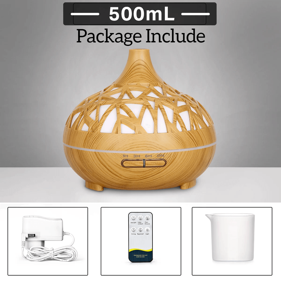 AuraMist Ultrasonic Aroma Diffuser  Wood Grain Cool Mist Humidifier With Remote  7Color LED 7