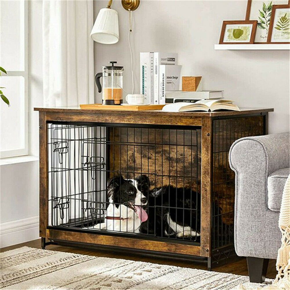 Large Elevated Dog Crate Wooden End Table, Rustic Indoor Pet House with Double Door & Removable Tray