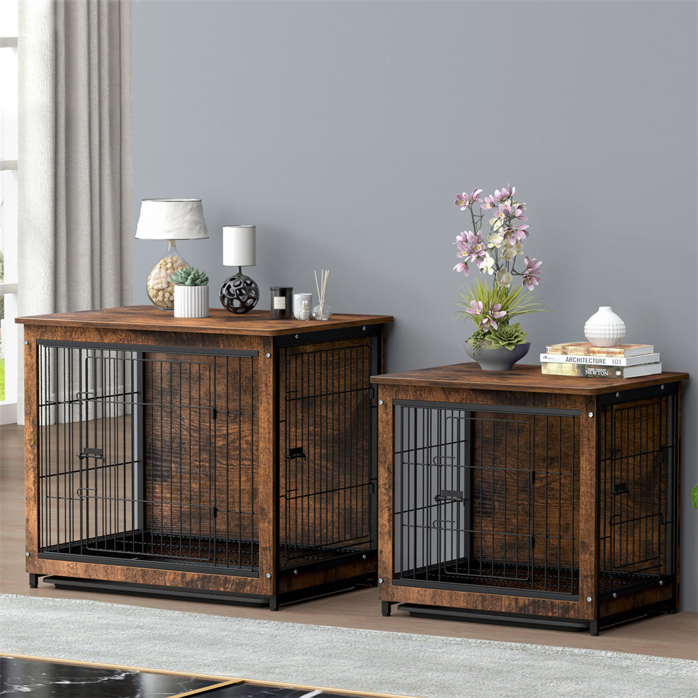 Large Elevated Dog Crate Wooden End Table, Rustic Indoor Pet House with Double Door & Removable Tray