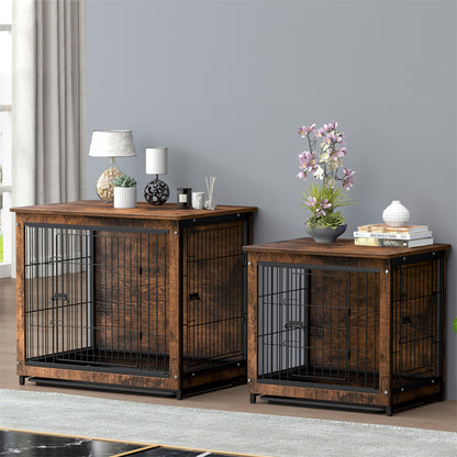 Large Elevated Dog Crate Wooden End Table, Rustic Indoor Pet House with Double Door & Removable Tray