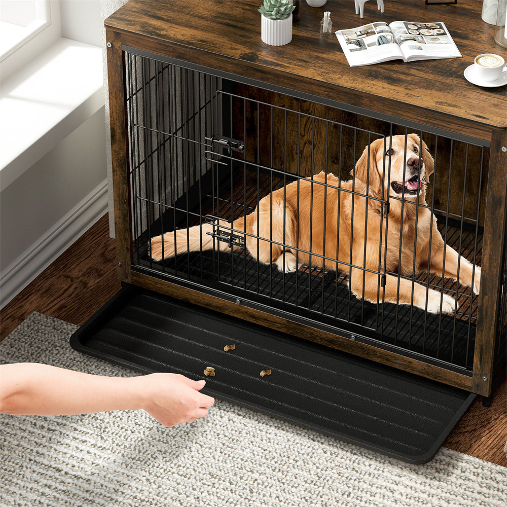 Large Elevated Dog Crate Wooden End Table, Rustic Indoor Pet House with Double Door & Removable Tray