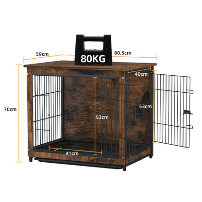 Large Elevated Dog Crate Wooden End Table, Rustic Indoor Pet House with Double Door & Removable Tray