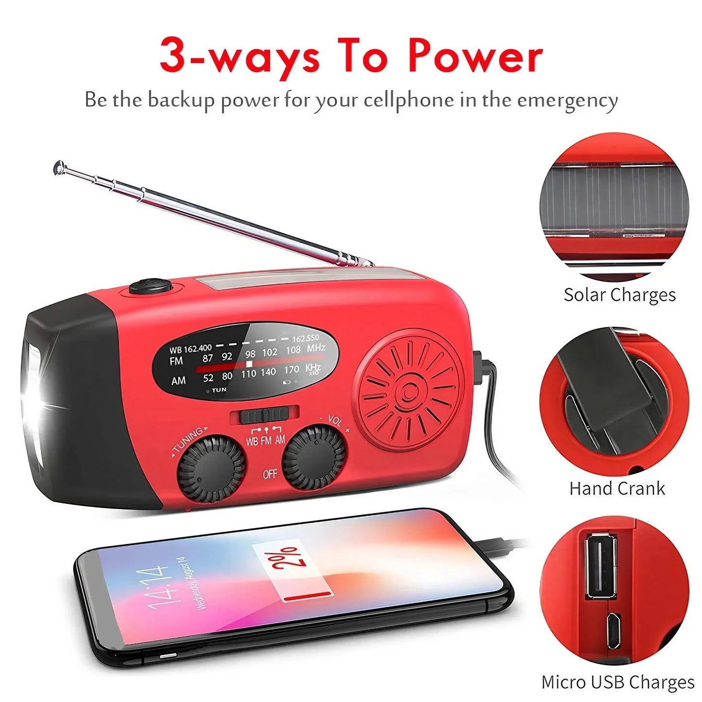Emergency Solar  Hand Crank FM Radio Outdoor Portable Phone Charger LED Lighting Power Generator 6