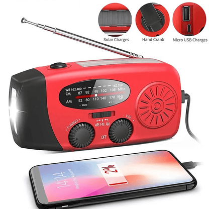 Emergency Solar & Hand Crank FM Radio, Outdoor Portable Phone Charger, LED Lighting, Power Generator