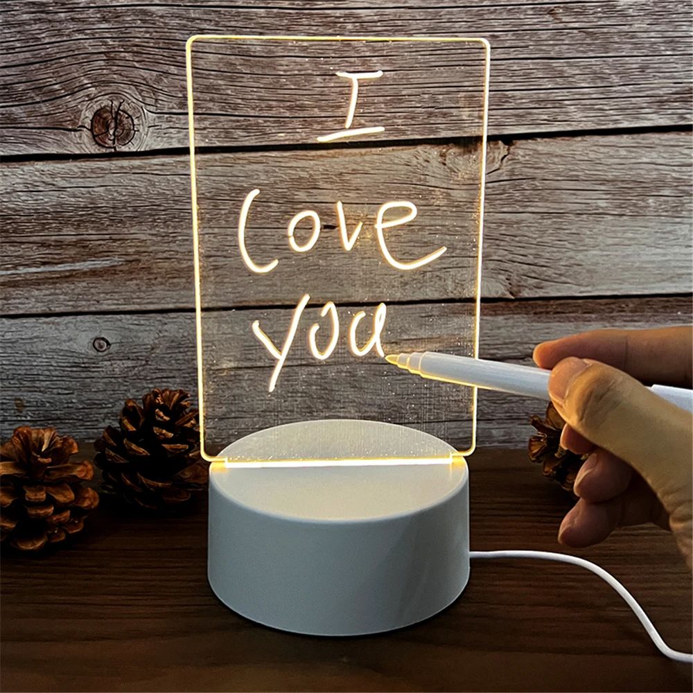 USB Acrylic Transparent Luminous LED Night Light, Erasable Message Board & Calendar Desktop Lamp for Bedroom or Office