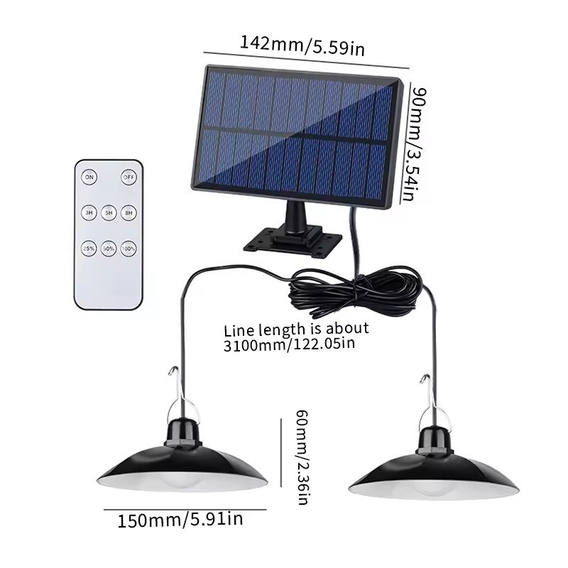 Solar Pendant Light Outdoor With Remote  Single Or Double Head LED Hanging Lamp For Patio Garden Or 6
