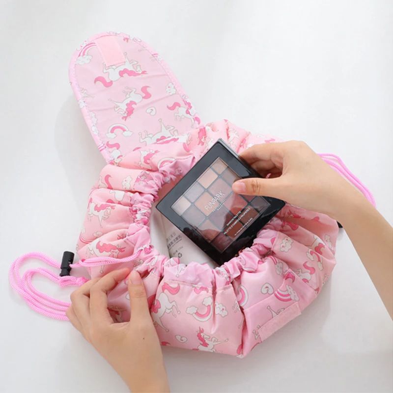 Women Drawstring Cosmetic Bag Travel Makeup Organizer, Waterproof Nylon Portable Beauty Toiletry Case Pouch for Purse