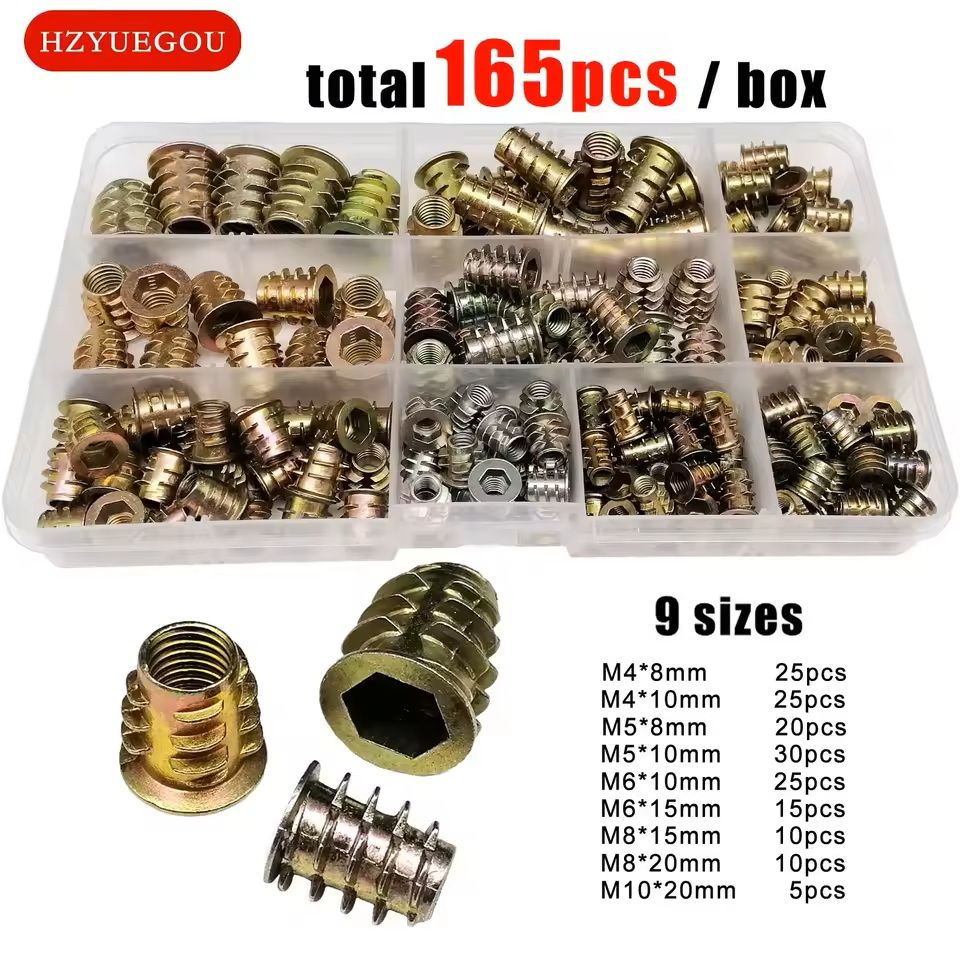 Threaded Insert Nut Set for Wood – Hex Socket M4–M8 Assortment (55, 75, or 165 Pieces)