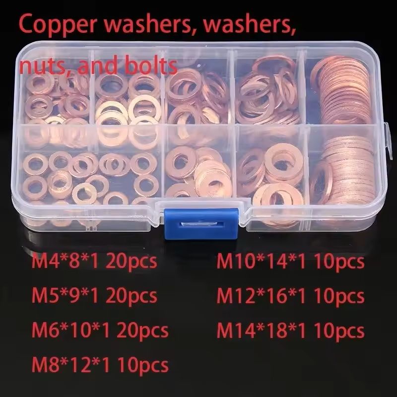 100pcs Copper Washer Assortment Kit – M4 to M14 Sealing Rings for Oil Pan, Nuts, and Bolts (With Storage Box)