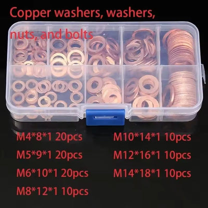 100pcs Copper Washer Assortment Kit – M4 to M14 Sealing Rings for Oil Pan, Nuts, and Bolts (With Storage Box)