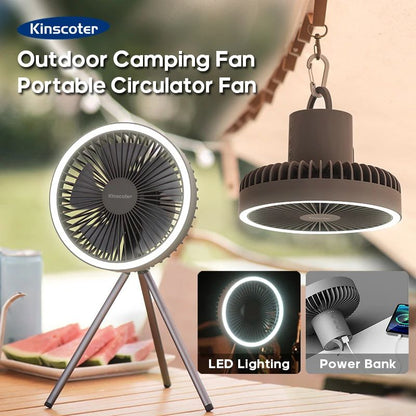 Camping Fan Rechargeable Desktop Portable Circulator, Wireless Ceiling Electric Fan with Power Bank & LED Lighting