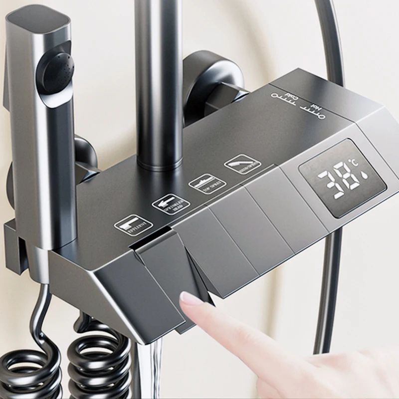 Bathroom Shower Full Set, Black White Gray Rain Pressurized Digital LED Hot Cold Faucet System