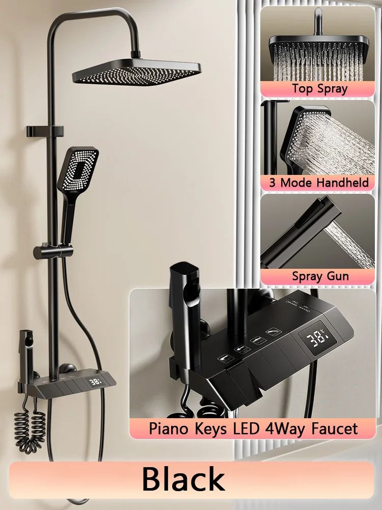Bathroom Shower Full Set Black White Gray Rain Pressurized Digital LED Hot Cold Faucet System 6
