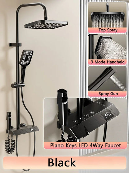 Bathroom Shower Full Set Black White Gray Rain Pressurized Digital LED Hot Cold Faucet System 6