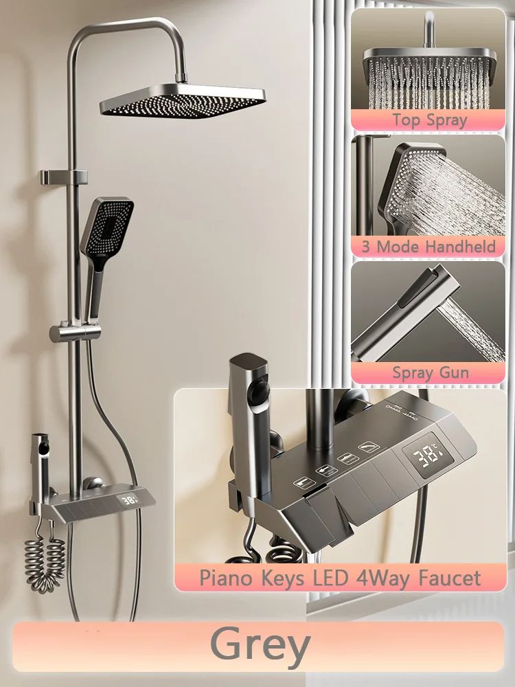 Bathroom Shower Full Set Black White Gray Rain Pressurized Digital LED Hot Cold Faucet System 7