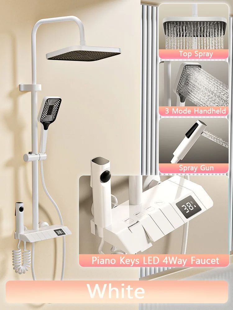 Bathroom Shower Full Set Black White Gray Rain Pressurized Digital LED Hot Cold Faucet System 8