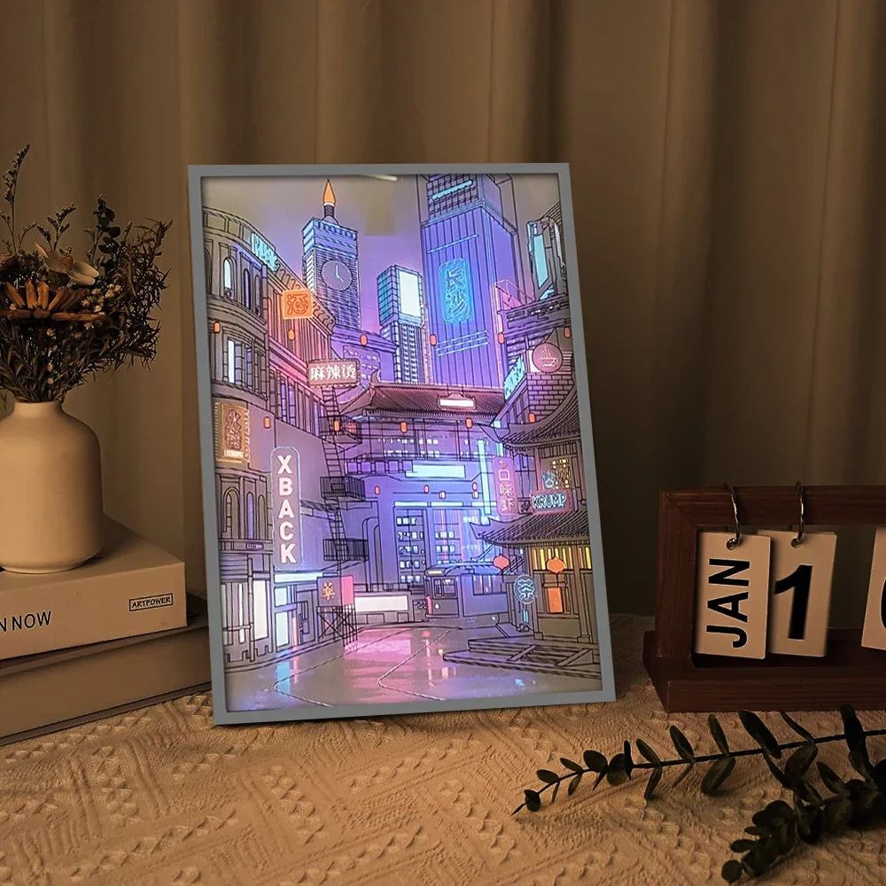 USB Plug Dimming Romantic Home Anime LED City Night View Light Painting, Beautiful Narrow Bezel HD Home Decorations Lamp