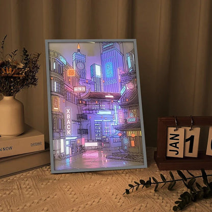 USB Plug Dimming Romantic Home Anime LED City Night View Light Painting, Beautiful Narrow Bezel HD Home Decorations Lamp