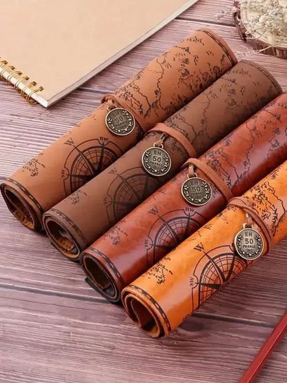 Creative Treasure Map Retro Pencil Case Leather Large Capacity Roll Pencil Bag with Embossed Buckle, Simple Stationery