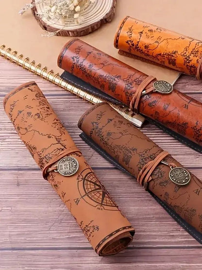 Creative Treasure Map Retro Pencil Case Leather Large Capacity Roll Pencil Bag With Embossed Buckle 1