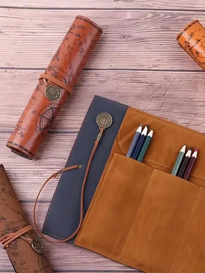 Creative Treasure Map Retro Pencil Case Leather Large Capacity Roll Pencil Bag With Embossed Buckle 2