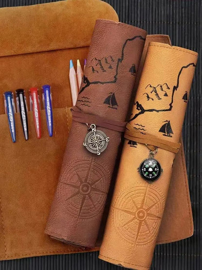 Creative Treasure Map Retro Pencil Case Leather Large Capacity Roll Pencil Bag With Embossed Buckle 4