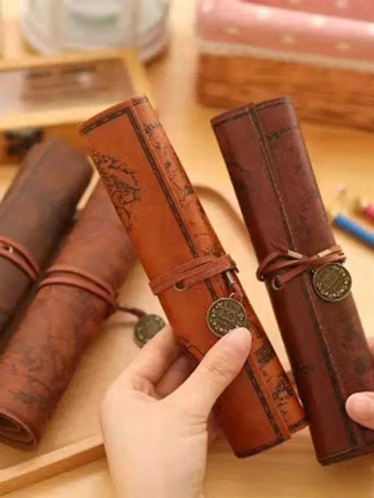 Creative Treasure Map Retro Pencil Case Leather Large Capacity Roll Pencil Bag With Embossed Buckle 5