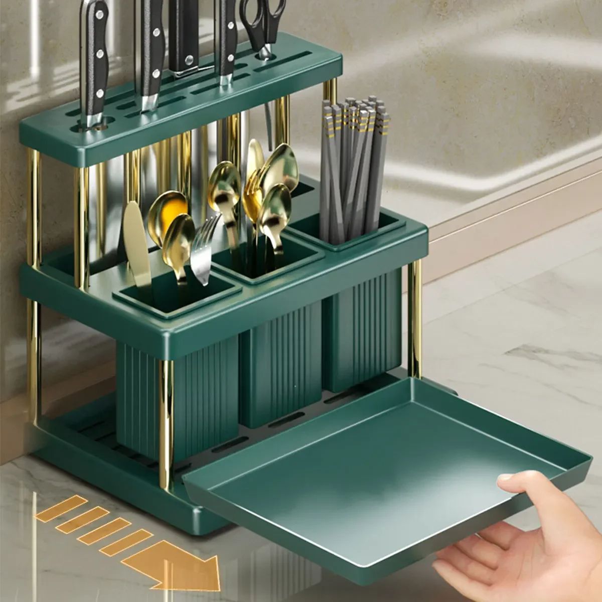 Kitchen Knife Holder Multi Function Cutter and Cutlery Drainer Rack, Space Saving Utensil Organizer with Removable Tray