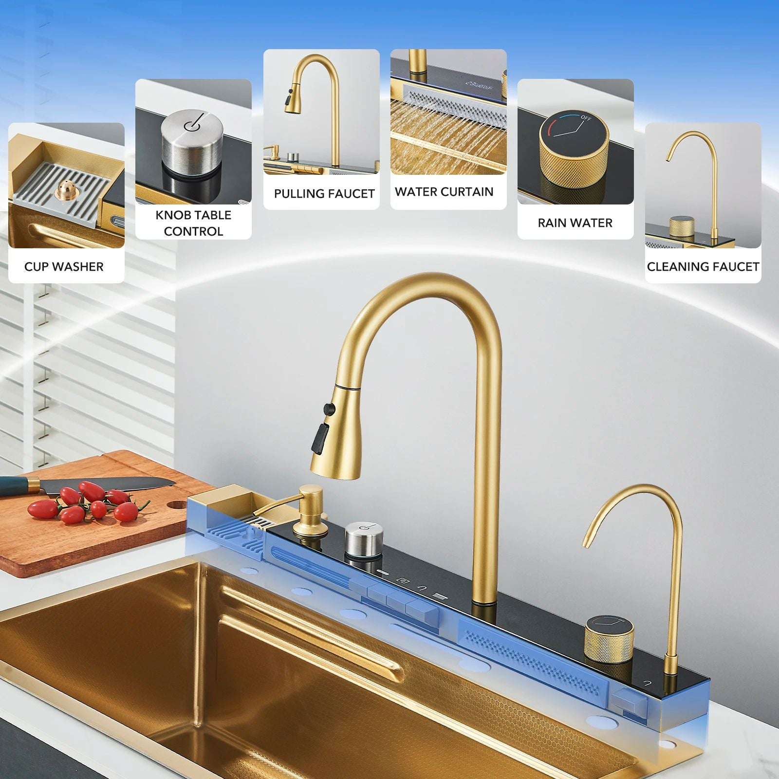 Luxury Golden Smart Kitchen Sink With Digital Display Integrated Faucet Temperature Control Water P 1