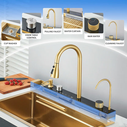 Luxury Golden Smart Kitchen Sink With Digital Display Integrated Faucet Temperature Control Water P 1