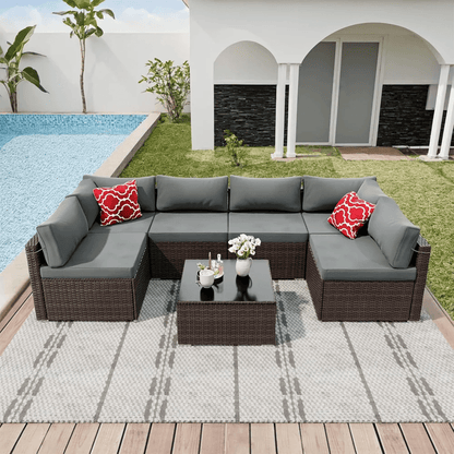 7Piece Outdoor Patio Furniture Set  AllWeather PE Rattan Sectional Sofa With Table 1