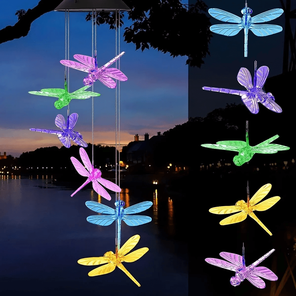 Solar Color-Changing Wind Chimes – LED Butterfly, Dragonfly & Hummingbird Lights for Outdoor Garden