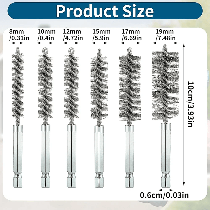 ProClean 6 Piece Stainless Steel Wire Brush Set For Pipe And Hole Cleaning With Hex Shank 1