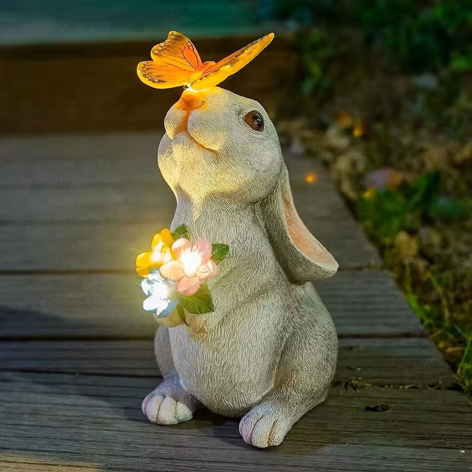 Solar Bunny Garden Statue with LED Butterfly Light
