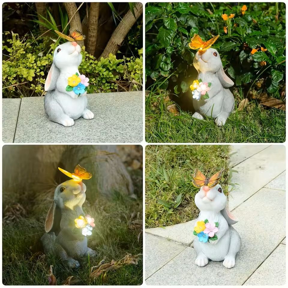 Solar Bunny Garden Statue With LED Butterfly Light 5