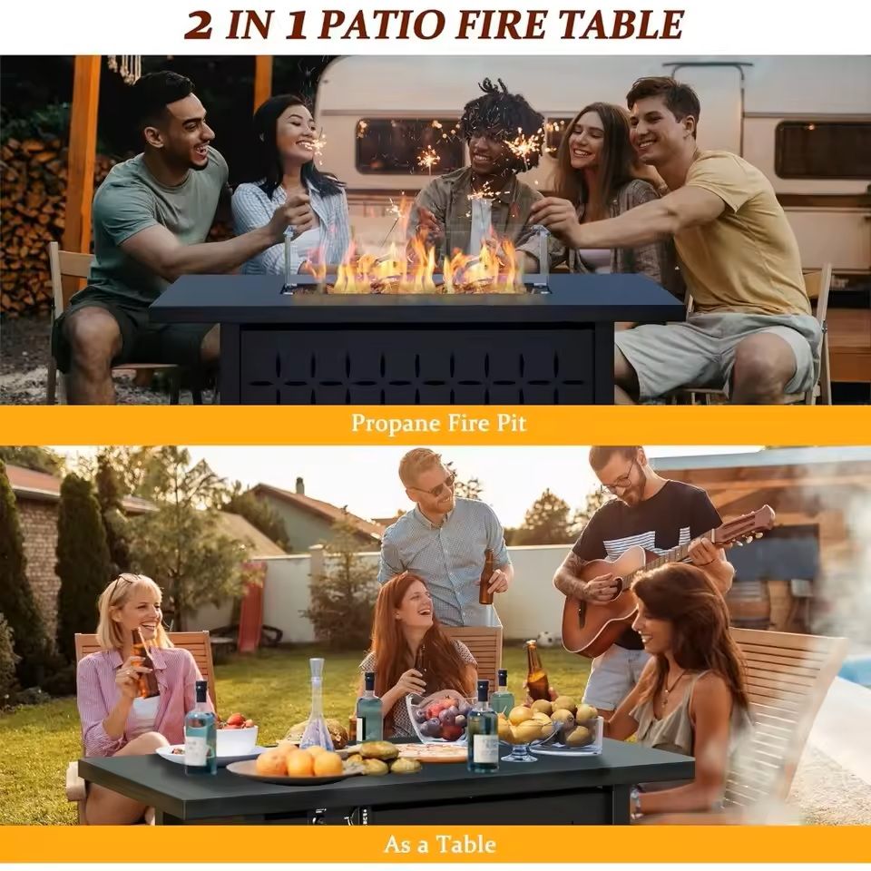 43 Inch Outdoor Propane Fire Pit Table With Glass Guard And Lid 1