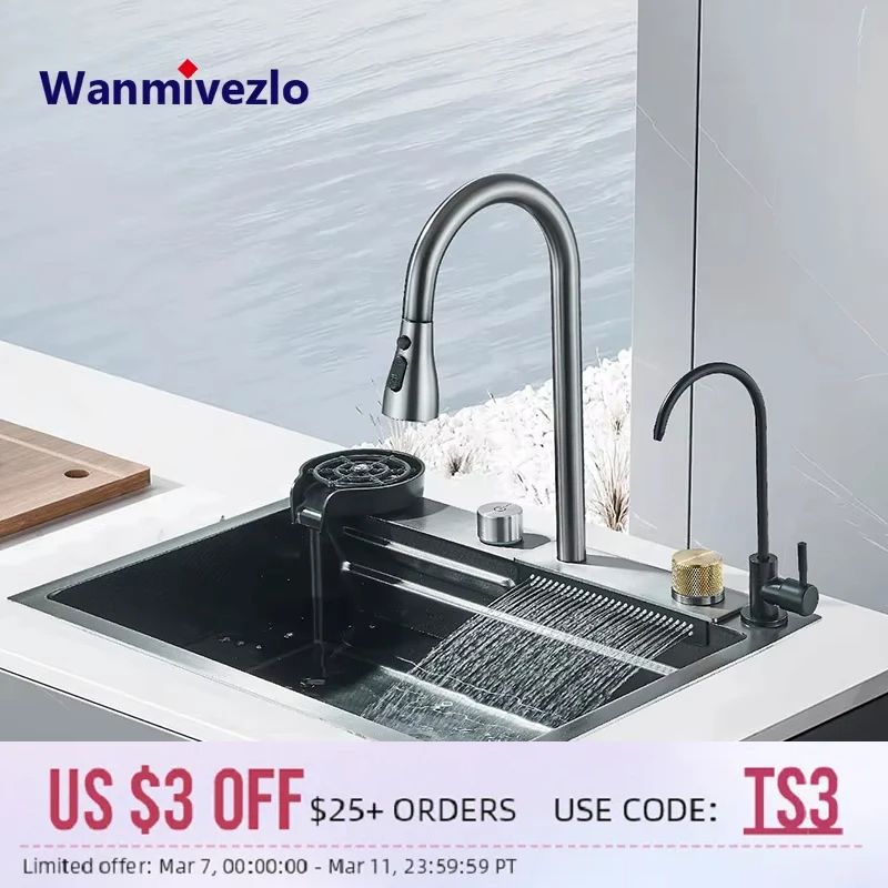 Premium Stainless Steel Waterfall Kitchen Sink, Large Single Basin, Above Counter with Single Slot & Cup Disher