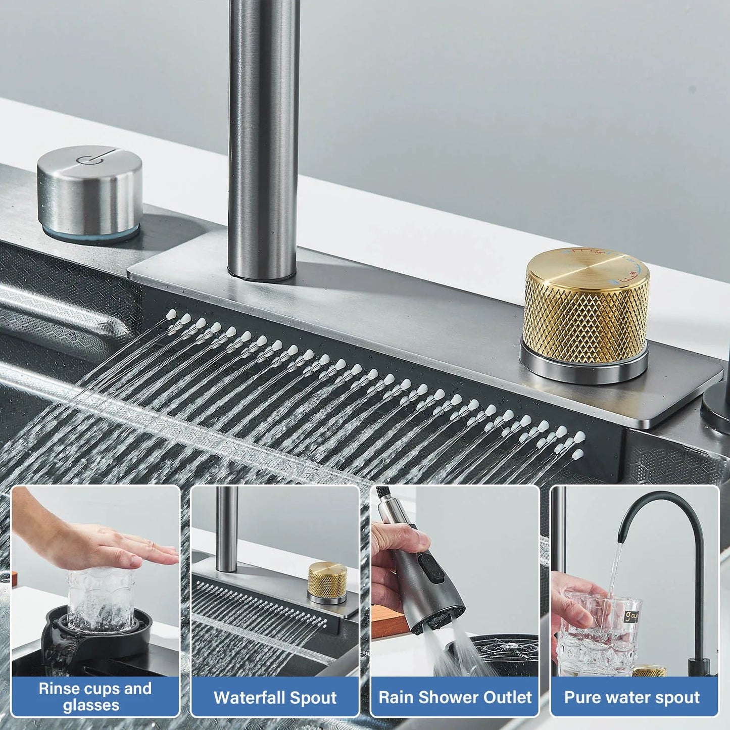 Premium Stainless Steel Waterfall Kitchen Sink Large Single Basin Above Counter With Single Slot  C 1