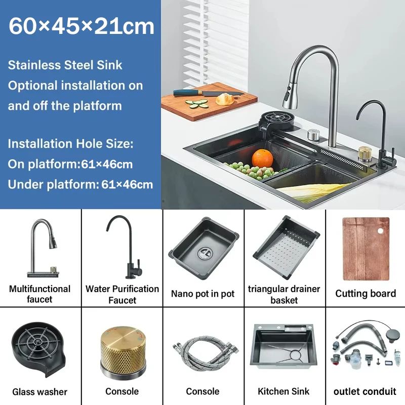 Premium Stainless Steel Waterfall Kitchen Sink Large Single Basin Above Counter With Single Slot  C 5