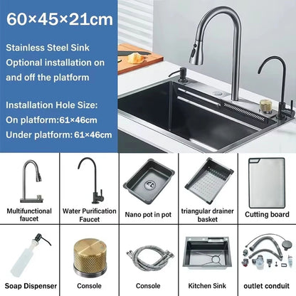 Premium Stainless Steel Waterfall Kitchen Sink Large Single Basin Above Counter With Single Slot  C 6