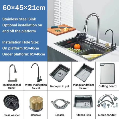 Premium Stainless Steel Waterfall Kitchen Sink Large Single Basin Above Counter With Single Slot  C 7