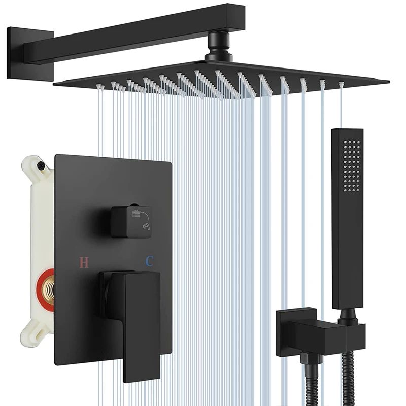 Rain Waterfall Black Concealed Shower Faucet Set with Tub Spout, Embedded Bathroom Shower System Wall-Mounted