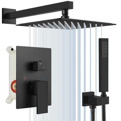 Rain Waterfall Black Concealed Shower Faucet Set with Tub Spout, Embedded Bathroom Shower System Wall-Mounted