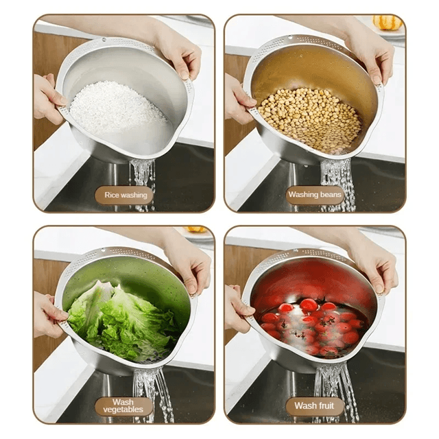 Stainless Steel Rice Washer Strainer Bowl – 304 Kitchen Sieve for Rice, Fruits, and Vegetables