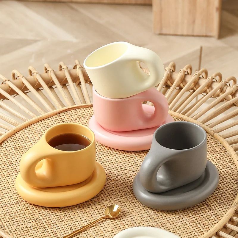 400ml Fat Handmade Chubby Mug with Oval Plate Creative Nordic Ceramic Cup & Saucer Set for Coffee, Tea, Milk, Cake