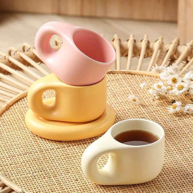 400ml Fat Handmade Chubby Mug With Oval Plate Creative Nordic Ceramic Cup  Saucer Set For Coffee Te 1